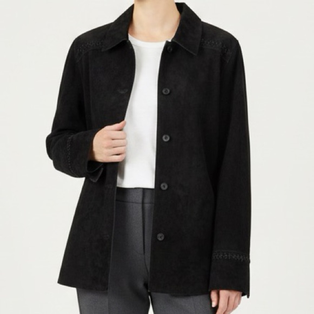 Danier Jet Black Genuine Suede Whipstitch Trim Shacket Shirt Jacket Size XS